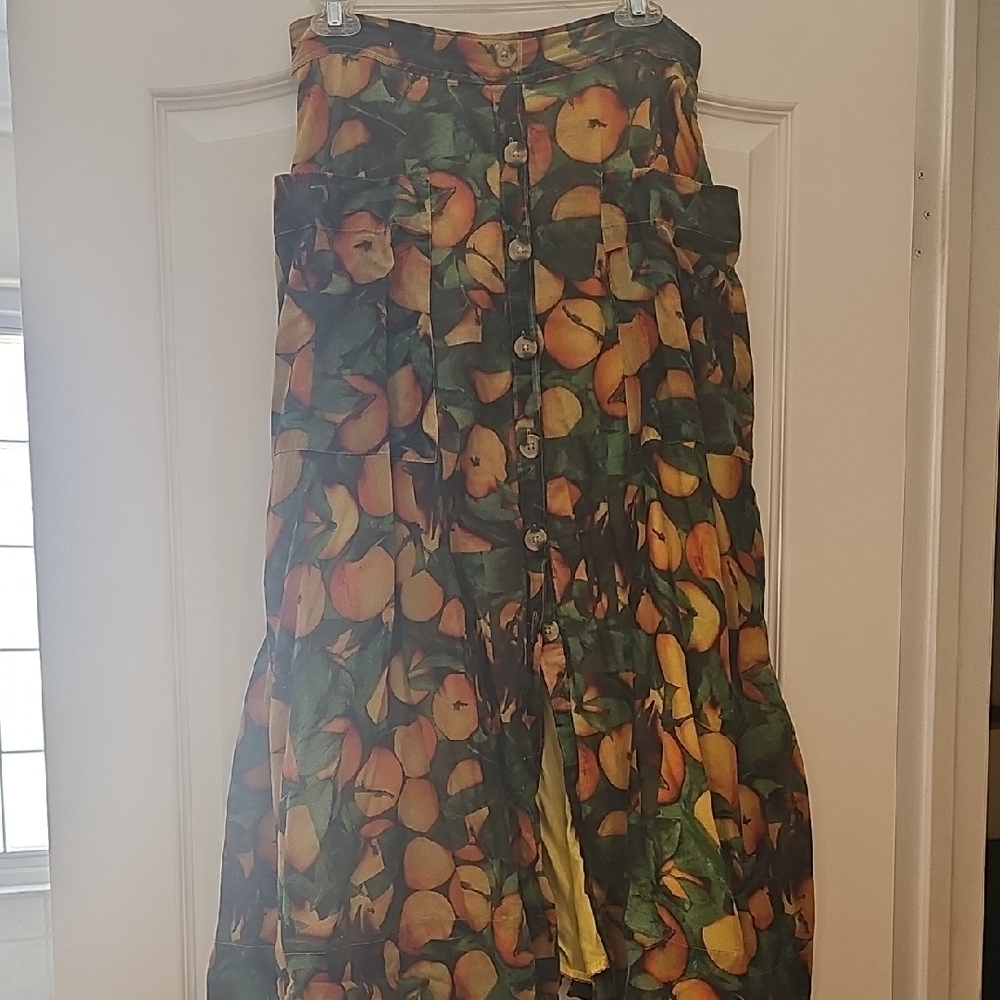 Anthropologie Green and Yellow Fruit-Print Maxi Skirt